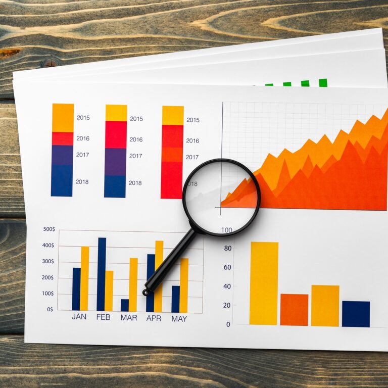 Business graphs and magnifying glass on table